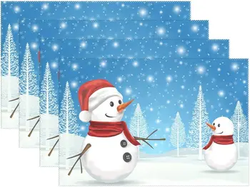 Zimné Snehuliak Snowflake Veselé Vianočné Prestieranie Set 4 Stôl Mat Tepelne-odolné Odolný proti Škvrnám Umývateľný pre Jedálenský Dekor