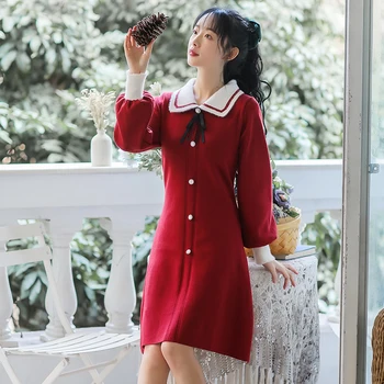 Červená Vianočné Šaty Žien Jar 2021 dámske Oblečenie Nové Retro Dlho Puzdre Japonský Sukne Sladký Temperament Pletené Šaty