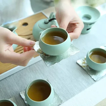 Čistý tin tácky, kovové objímky, Japonský štýl tepelnej izolácie, štyrmi stenami tvorivé tanier, čajový obrad príslušenstvo Obrázok 2
