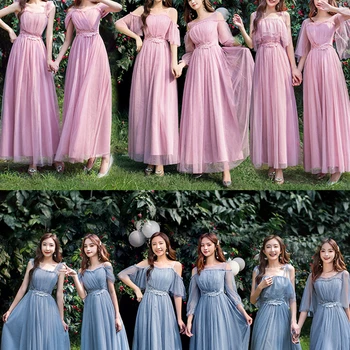 Šampanské Ružové Sivá Modrá Bridesmaid, Šaty 2022 Princezná Okami Tylu Štúdia Vestido Ženy, Svadobné Party Šaty Dlhé Obrázok 2