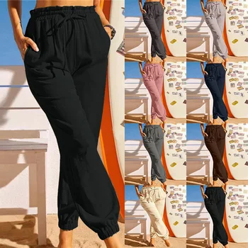 Žena Bavlnená Zmes Nohavice jednofarebné Vrecku Voľné Bežné nohavice elastický Pás Úzke nohy nohavice S-3XL