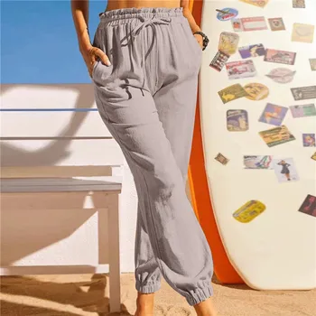 Žena Bavlnená Zmes Nohavice jednofarebné Vrecku Voľné Bežné nohavice elastický Pás Úzke nohy nohavice S-3XL Obrázok 2