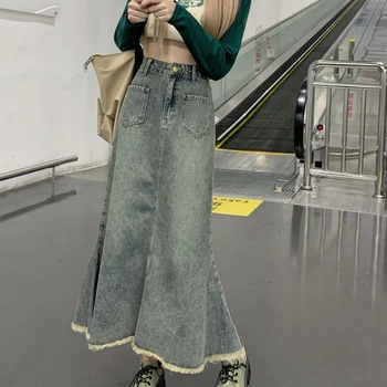 Ženy Streetwear Vintage Koleno Dĺžke Denim Sukne Ženy Midi Dlhé Sukne Dámske Vysoký Pás Rovné Džínsy Maxi Denim Sukne G18