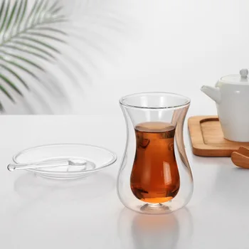 150 ml dvojité murované kávy sklá dvojité steny skla čierny čaj cup set s tanier a lyžicu Obrázok 2