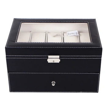 20 Sloty Watch Box Prípade Šperky Zobraziť Mens Black Pu Koža Sklo Displeja Top Šperky Prípade Organizátor Box-NÁS skladom Obrázok 2
