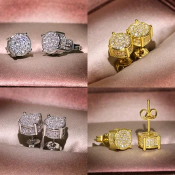 2019 Nové Luxusné Bling Zirkón Kameň 925 Sterling Silver a Gold okolo Stud Náušnice pre Muža, Ženy Hip Hop Módne Šperky
