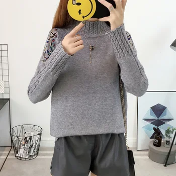2019 nové ženské voľné sveter sveter kabát zimný kórejský twist pol vyšívané dlho puzdre tričko golier