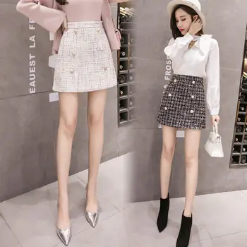 2020 Zimné Malé Vôňa Vlnené Mini Sukne Ženy Vintage Koberčeky Double-Breasted Tweed A-Line Sukne S Vysokým Pásom Femininas K274
