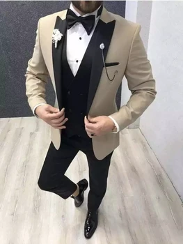2021 Nový Príchod Béžová Kostým Homme Muži Obleky Pre Svadobné Terno Slim Fit Masculino Smoking Ženícha Nosenie Prom Business Strany Sako