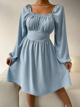 2022 Nové Sexy Šaty Žien Jeseň Fashion Square Golier S Dlhým Rukávom S Pásom Elegantné Dámske Šaty Bežné Mini Šaty