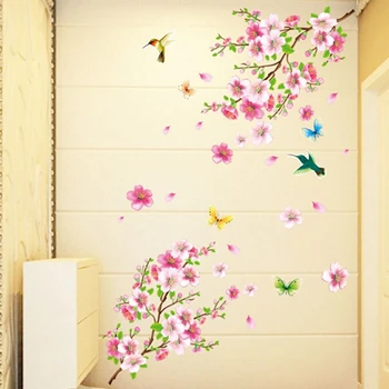 3D Broskyňa Kvet Samolepky na Stenu Umenie Domácnosti Vymeniteľné Dekoračné Tapety s Motýle Obrázok 2