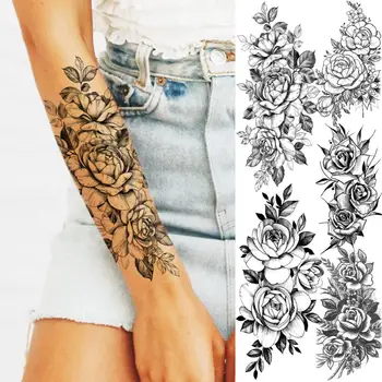 3D Čiernej Ruže Kvet Predlaktie Dočasné Tetovanie Pre Ženy, Dospelých Pivónia Henna Falošné Tetovanie Body Art Umývateľný Polovičný Rukáv Tetovanie Odtlačkový