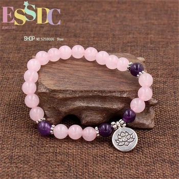 8 mm Prírodný Ružový Kryštál Purple Stone Lotus Strom Života 3D Buddha Kúzlo Elastické Náramky pre Ženy, Joga Meditácia