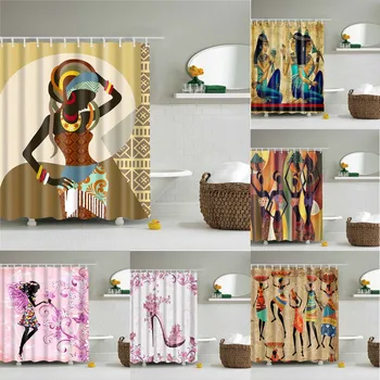 Africké Čierne Dievča Kúpeľni Sprchový Záves Kvetinová Víla, Motýľ Vaňa Záclony Polyester Vaňou Záclony s 12 Háčiky Obrázok 2