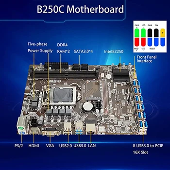 B250C 12 Karta BTC Ťažba Doske+24Pin Predlžovací Kábel+Termálnej pasty+SATA/Switch Kábel 12 USB3.0 LGA1151 DDR4 MSATA Obrázok 2