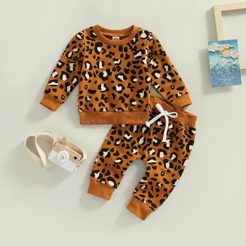 Baby Chlapci, Dievčatá 2 Kusy Nastaviť Leopard Tlač Dlhý Rukáv Kolo Krku Sweatershirt Topy + Vysokej Strečové Nohavice Na Jar Jeseň Oblečenie