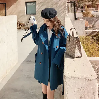 coats pre ženy jeseň kórejský ladylike Plný Dlhé Pevné Zase dole Golier Nastaviteľný Pás Singel svojim Voľné kabát Office Lady Obrázok 2