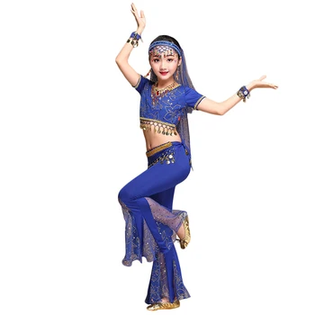 Deti Tanečné predstavenie Kostýmy Indický Bollywood Dance Oblečenie, Brušný Tanec Kostým 5 ks Set (Vrchný+Opasok+Nohavice+Headpiece+Vlasov hoop) Obrázok 2