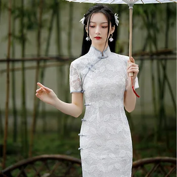Elegantný Nový Vintage Tlačidlo Dlho Vidlica Ženy Qipao Čínskej Tradičnej Mandarin Golier Party Šaty Dámske Cheongsam