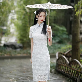 Elegantný Nový Vintage Tlačidlo Dlho Vidlica Ženy Qipao Čínskej Tradičnej Mandarin Golier Party Šaty Dámske Cheongsam Obrázok 2