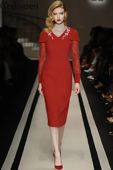 Gedivoen Módny Návrhár šaty Jeseň dámske Šaty V Krku Čipky Dlhý rukáv Luxusné Crystal Lištovanie Slim Červená Ceruzka Šaty