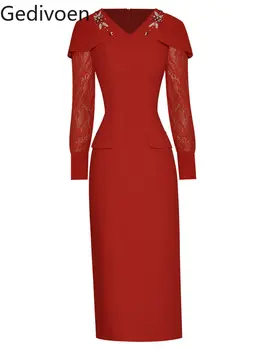 Gedivoen Módny Návrhár šaty Jeseň dámske Šaty V Krku Čipky Dlhý rukáv Luxusné Crystal Lištovanie Slim Červená Ceruzka Šaty Obrázok 2