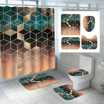 Geometrické Vytlačené Sprchový Záves Pre Kúpeľňa S hákom 3D Mramorový Vzor Šesťuholníkov Nepremokavé Polyesterové Vaňa Nonslip Koberce Nastaviť