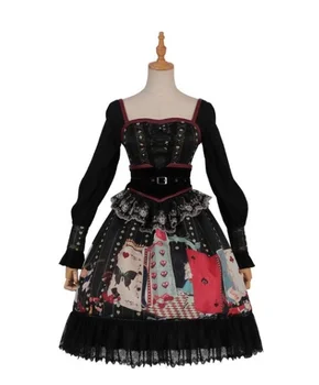 Gotický retro sladké lolita šaty námestie golier kríž obväz čipky tlač viktoriánskej šaty kawaii dievča gothic lolita op loli cos Obrázok 2