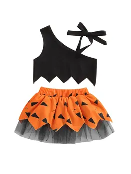 Halloween Dievča Oblečenie Nastaviť Farbou Tie-Up Ramenný Plodín Topy Patchwork Elastické Oka Sukne