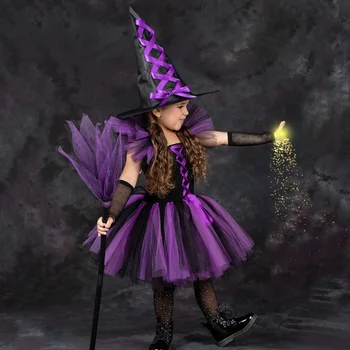 Halloween Kostýmy pre deti Kostým Čarodejnice Nastaviť Dievčatá Čarodejnice Fantázie Tutu Šaty s Klobúkom Metlu pre Cosplay Party Oblečenie