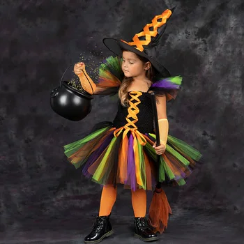 Halloween Kostýmy pre deti Kostým Čarodejnice Nastaviť Dievčatá Čarodejnice Fantázie Tutu Šaty s Klobúkom Metlu pre Cosplay Party Oblečenie Obrázok 2