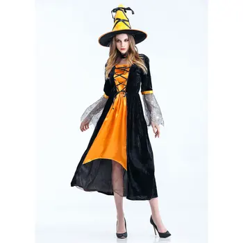 Halloween Purim Strany Orange Black Oka Ženy Čarodejnice Kostýmy Pre Dospelých Čarodejnice Cosplay Kostým Dlhé Šaty, Klobúk