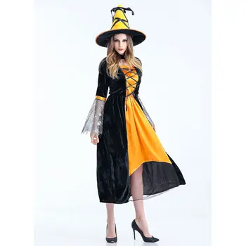 Halloween Purim Strany Orange Black Oka Ženy Čarodejnice Kostýmy Pre Dospelých Čarodejnice Cosplay Kostým Dlhé Šaty, Klobúk Obrázok 2