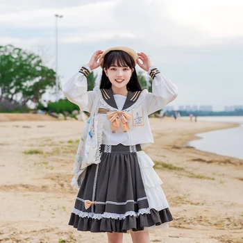 Japonský lolita šaty navy golier vysoký pás vyhovovali sukňa + tričko škole štýl jk jednotné viktoriánskej kawaii dievča lolita cos