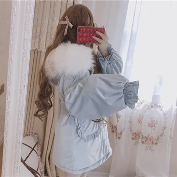 Japonský roztomilý Lolita kabát zimný velvet hustej kožušiny golier kabát, kabát Princezná Kawaii Dievča Ženy dlhý rukáv zips teplý Kabát Obrázok 2