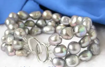 jedinečný 3strands 8-10 mm šedá barokový perly náramok náramok 7.5