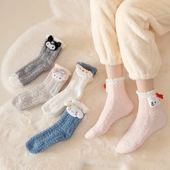 Kawaii Sanrio Ponožky Hello Kittys Príslušenstvo Roztomilé Anime Zimné Coral Fleece Domov Poschodí Spánku Ponožky Polovici Teľa Teplé Hračky Pre Dievčatá Darček