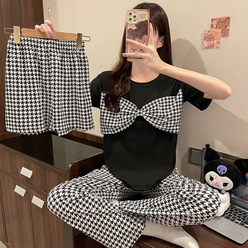 Kórejský Štýl Ženy Sleepwear 3ks Letné Krátke Pyžamo Set pre Ženy, Lúk Krátke Nohavice Jednoduché Sady Dámske Domáce oblečenie Oblečenie