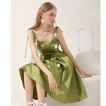 Letné dámske Sexy Zelená Podväzkové Sukne francúzsky Camellia Krajky-Up Pás Šaty Sladké Koleno-Dĺžka Sukne
