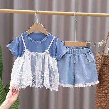 Letné novorodenca dievča oblečenie, oblečenie sady čipky T-shirt denim šortky oblek pre dievčatká oblečenie 1 rok deti narodeniny sady
