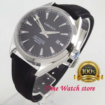 Leštené Corgeut 41mm Miyota 8215 5ATM Automatické pánske hodinky zafírové sklo black dial striebro známky dátum kožený remienok 2017