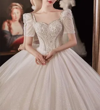 Luxusné Svadobné Šaty Námestie Krku Lístkového Sleeve Pleat Lesklé Crystal Sequin Lištovanie Nášivka Na Zákazku Princezná Svadobné Šaty Nové Obrázok 2