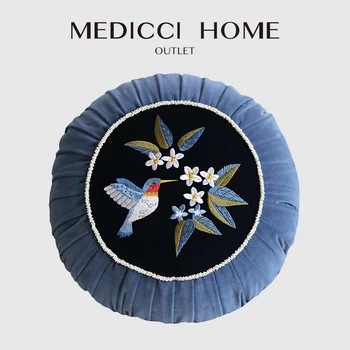 Medicci Domov Kruhové Kolibrík Vyšívané Obliečky Na Vankúš Retro Blue Velvet Dekoratívne Vankúše Pre Obývacia Izba, Pohovka, Gauč