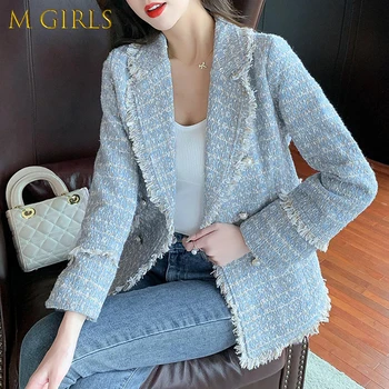 Modré Sako Tweed Slim Dvojité Breasted Dizajn 2021 Jeseň Zimný Kabát High-End Elegantné Kórejský Módne Žena Vlna Bunda