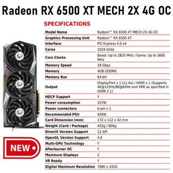 MSI Raphic Karty AMD Radeon RX 6500 XT MECH 2X 4G OC GDDR6 Grafická karta 64-bitové PCIE 4.0 HDMI RX 6500XT GPU ŤAŽBA grafické Karty Obrázok 2