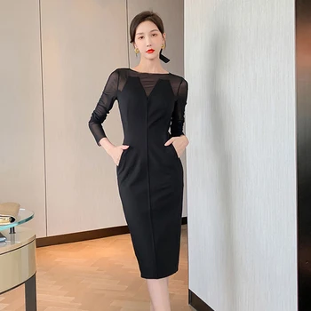 Móda Kórejskej Ženy Vintage O-Krk Dlhý Rukáv Split Midi Party Šaty Elegantné Prestávka Oka Pohľadu Black Ženské Šaty