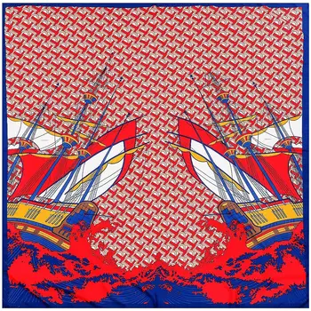 Móda vojnová loď Tlač Nadrozmerné Keper Hodváb Námestie Šatky Ženy Foulard 130X130cm Mäkké Neckerchief Dámske Hidžáb Šály, Jeseň