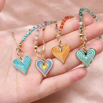 Módne Farebné Láska Srdce Smalt Náhrdelník Pre Ženy Rainbow Srdce Semi-precious Stone Korálky Reťazca Choker Šperky, Náhrdelníky