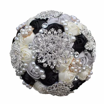 Najnovšie sliver +čierna +krém umelé svadobné kytice crystal bridemaid svadobné kytice pre svadobné dekorácie Obrázok 2