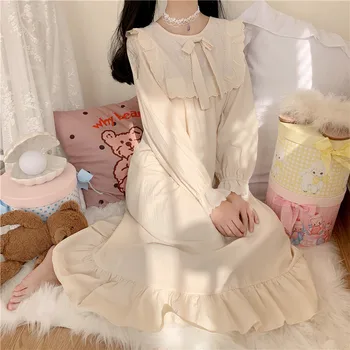 Nightgown Sleepwear Ženy Jar Jeseň Dlhý Rukáv Nightdress Voľné Ženy Princezná Nightgowns Pohodlné Kimono Šaty, biele
